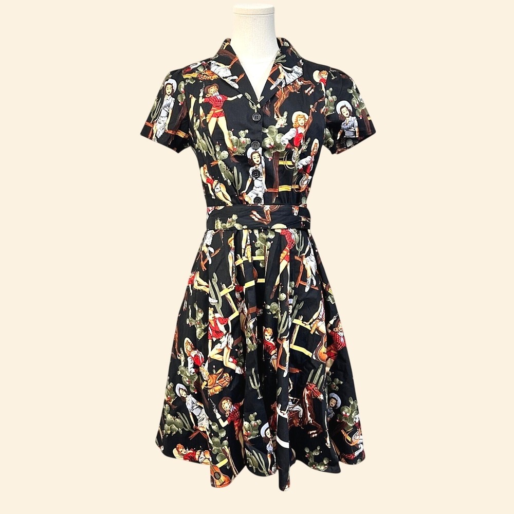 Western Cowgirl Pinup‎ Rockabilly Midi Swing Dress M Black Novelty Print Retro